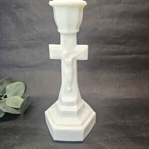 Vintage White Milk Glass Crucifix Cross Jesus Candlestick 9. 5" Candle Holder